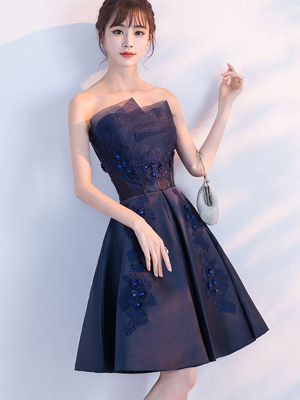 Blue Ruched Bandeau Appliques A-Line Party Dress