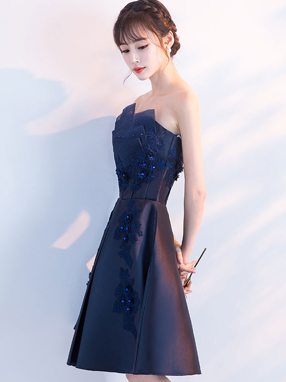 Blue Ruched Bandeau Appliques A-Line Party Dress
