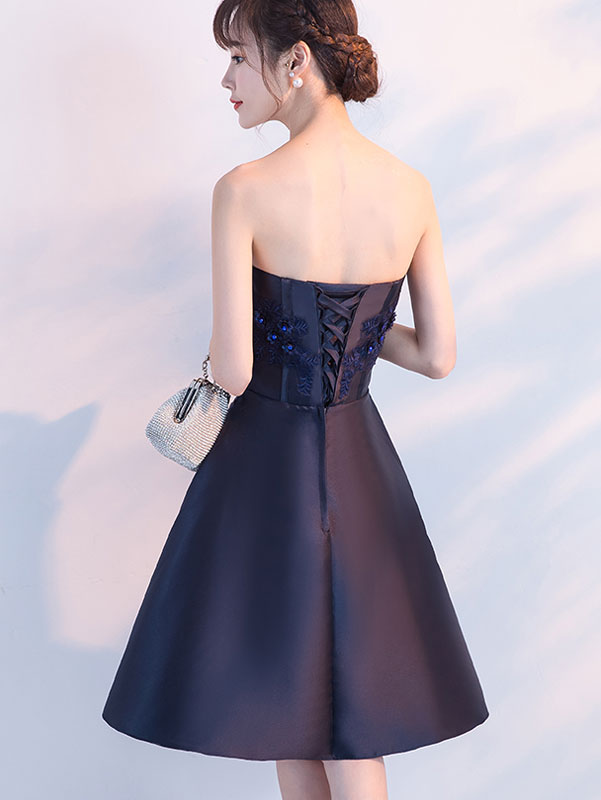Blue Ruched Bandeau Appliques A-Line Party Dress