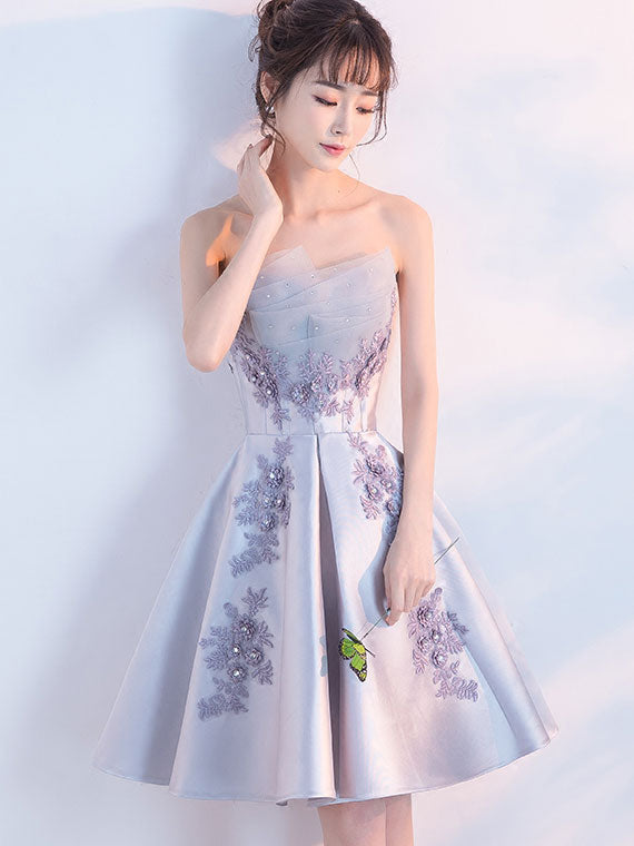 Blue Ruched Bandeau Appliques A-Line Party Dress