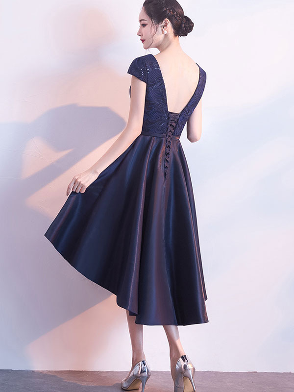 Red Blue Sequined High Low Hem Party Dress