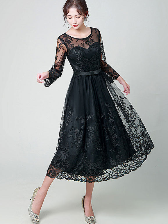 Black Illusion Floral Lace Overlay A-Line Dress - IMALLURE S Black Illusion Floral Lace Overlay A-Line Dress - IMALLURE S