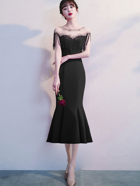 Red Black Beads Tassels Fishtail Formal Dress - IMALLURE Custom Made / Black / Tea Length Red Black Beads Tassels Fishtail Formal Dress - IMALLURE Custom Made / Black / Tea Length