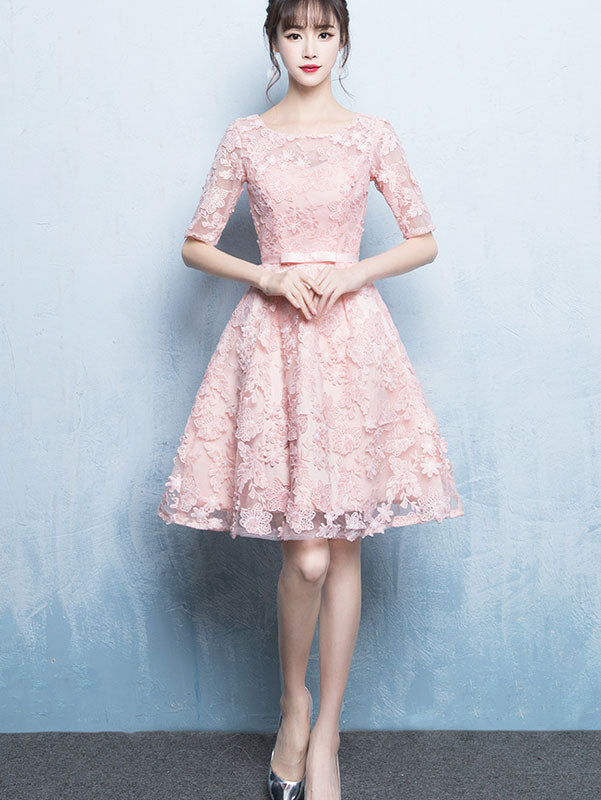 Fit & Flare Bridesmaid Party Dress with Lace Applique - IMALLURE L / Champagne Fit & Flare Bridesmaid Party Dress with Lace Applique - IMALLURE L / Champagne