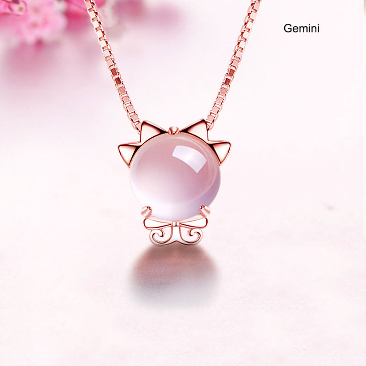 12 Constellation Zodiac Silver Pink Crystal Pendant Necklace