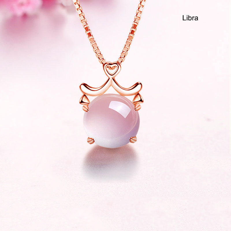 12 Constellation Zodiac Silver Pink Crystal Pendant Necklace