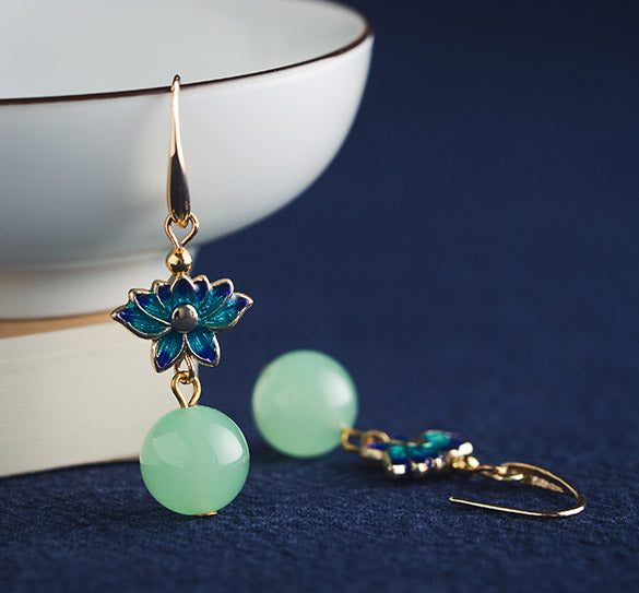 Green Jade Dangle Drop Clip On Pierced Earrings
