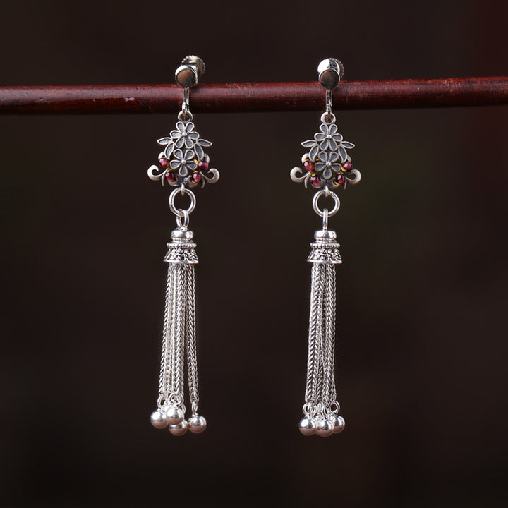 Long Drop Silver Tassel Dangle Clip On Earrings