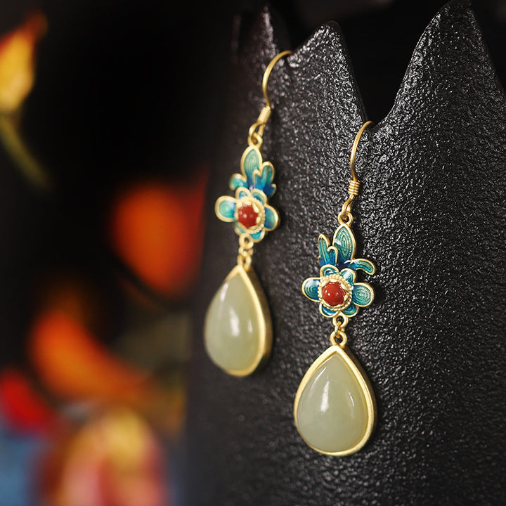 Vintage Silver Agate Jade Drop Dangle Earrings