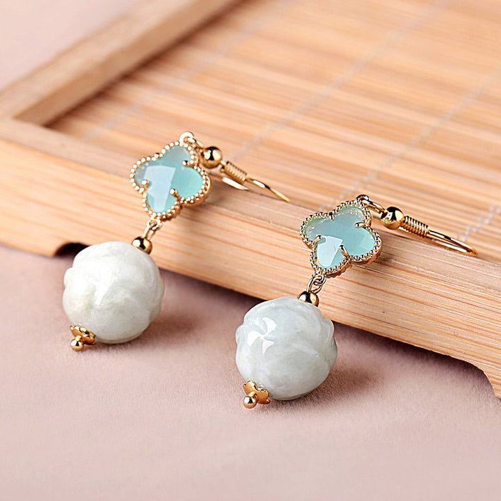 Blue Jade Crystal Drop Dangle Clip On Earrings