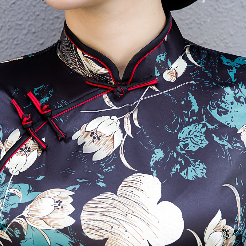 Black Purple Floral Qipao / Cheongsam Blouse Top