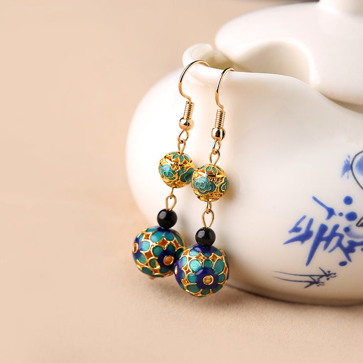 Agate Cloisonne Drop Dangle Hook Clip On Earrings
