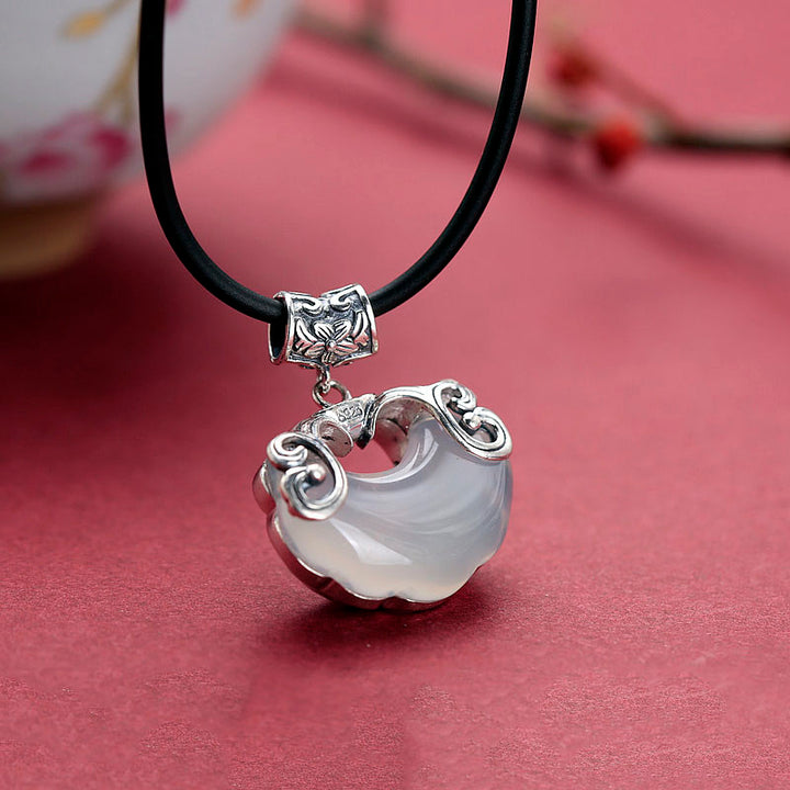 Silver Jade Longeval Lock Beads Pendant Necklace