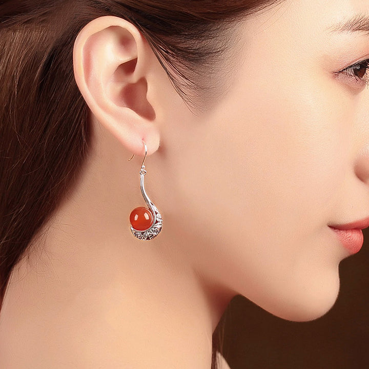 Pierced Clip On Red Agate Dangle Drop Earrings