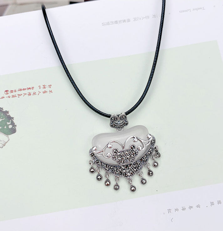 Jade Silver Longeval Lock Pendant Necklace Birthday Christmas Gift