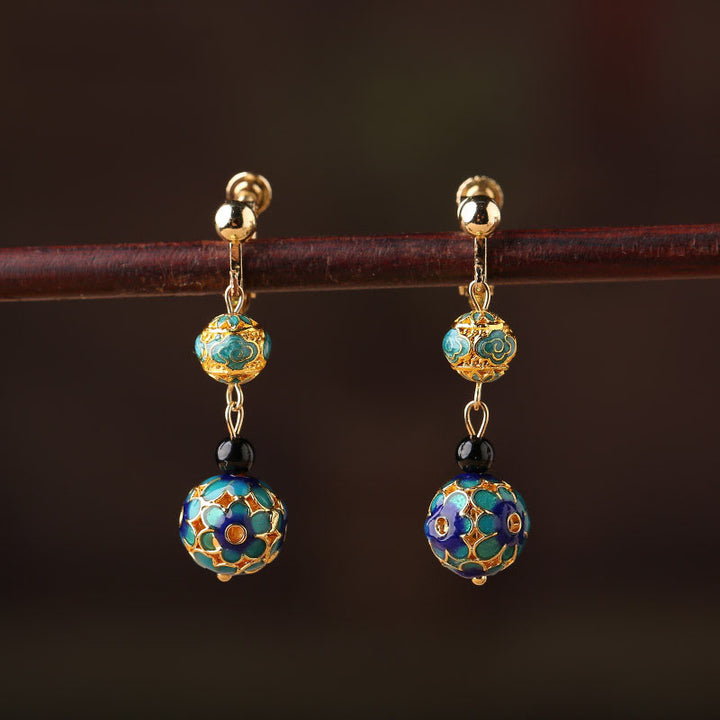 Agate Cloisonne Drop Dangle Hook Clip On Earrings