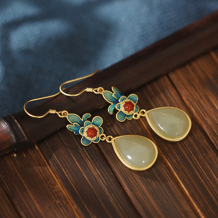 Vintage Silver Agate Jade Drop Dangle Earrings