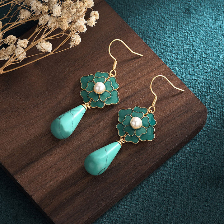 Vintage Green Enamel Flower Drop Dangle Earrings