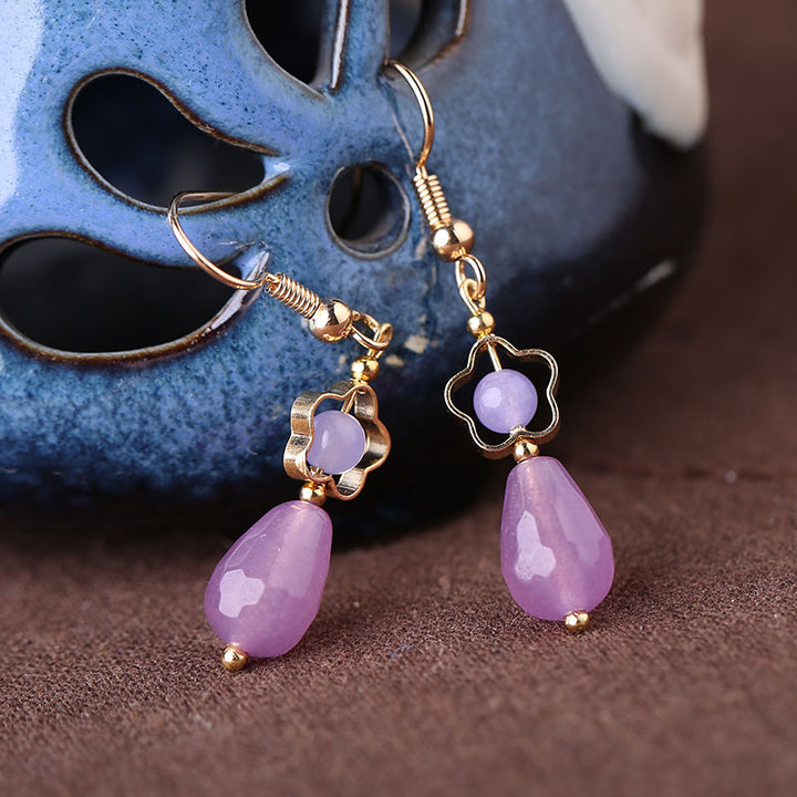 Purple Jade Drop Dangle Hook Clip On Earrings