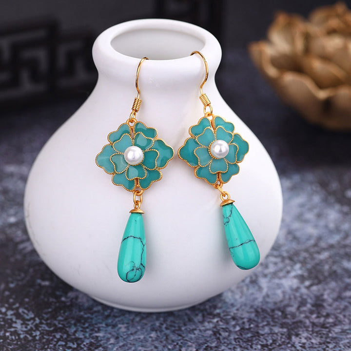 Vintage Green Enamel Flower Drop Dangle Earrings
