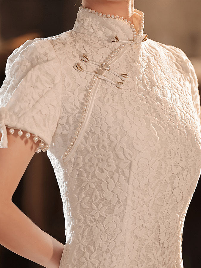 Beaded White Red Lace Mid Wedding Cheongsam Qipao Dress