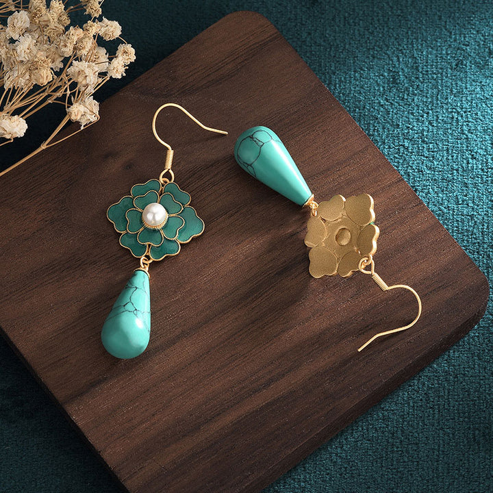 Vintage Green Enamel Flower Drop Dangle Earrings
