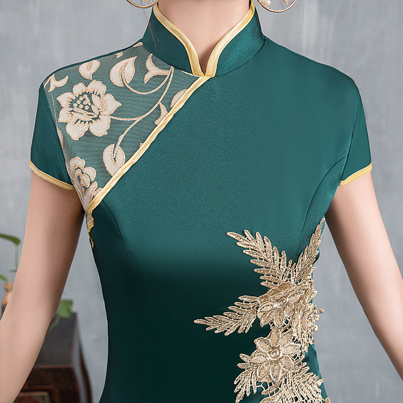 Dark Green Thigh Split Front Maxi Cheongsam Qi Pao Dress