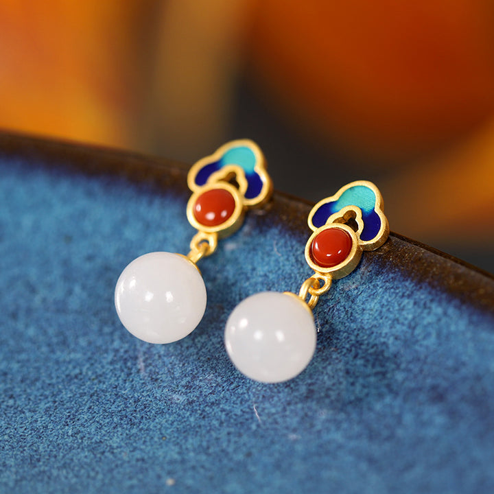 Silver White Jade Drop Dangle Earrings