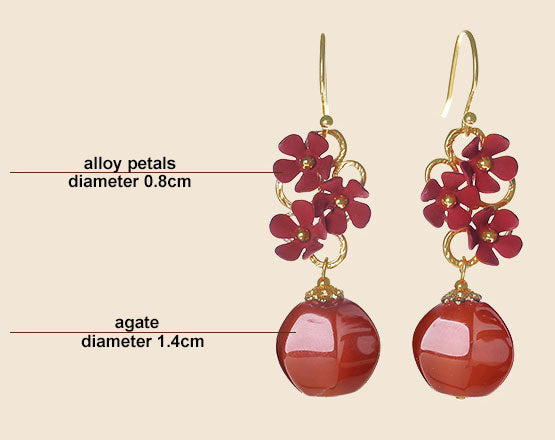 Red Agate Petals Drop Dangle Pierced Clip On Earrings