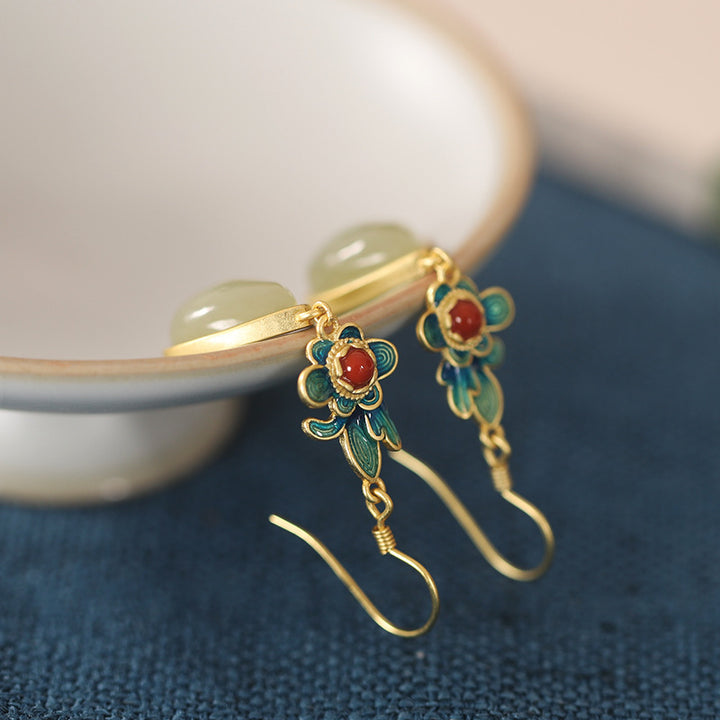 Vintage Silver Agate Jade Drop Dangle Earrings