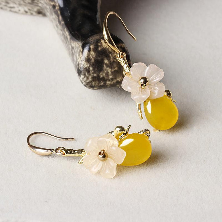 Yellow Jade Dangle Drop Clip On Pierced Earrings