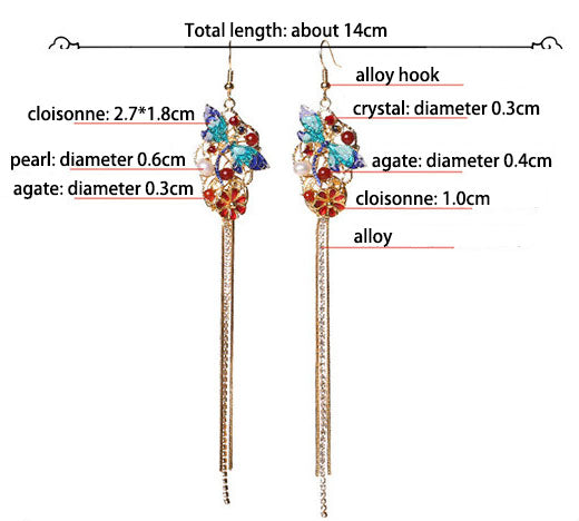 Long Drop Cloisonne Alloy Tassel Dangle Earrings