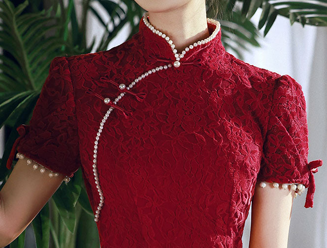 Beaded White Red Lace Mid Wedding Cheongsam Qipao Dress
