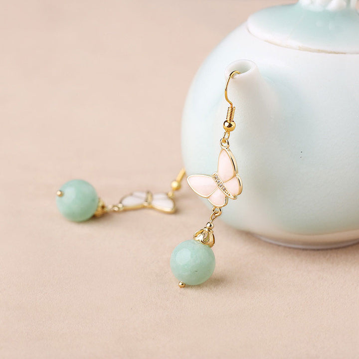 Butterfly Jadeite Drop Dangle Pierced Clip On Earrings