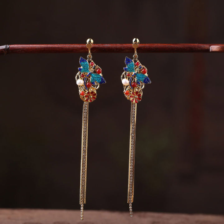 Long Drop Cloisonne Alloy Tassel Dangle Earrings