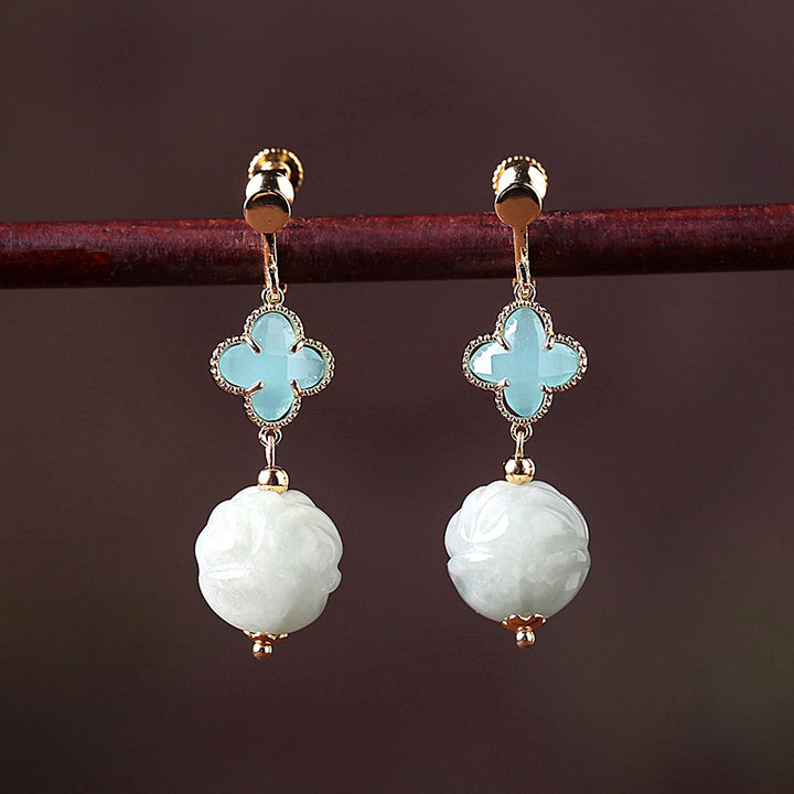 Blue Jade Crystal Drop Dangle Clip On Earrings