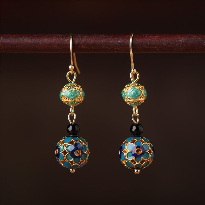 Agate Cloisonne Drop Dangle Hook Clip On Earrings