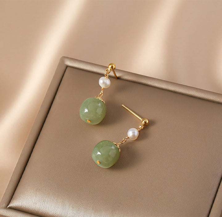 Green Jade Pearl Drop Dangle Earrings