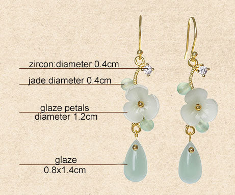 Green Jade Petals Drop Dangle Pierced Clip On Earrings