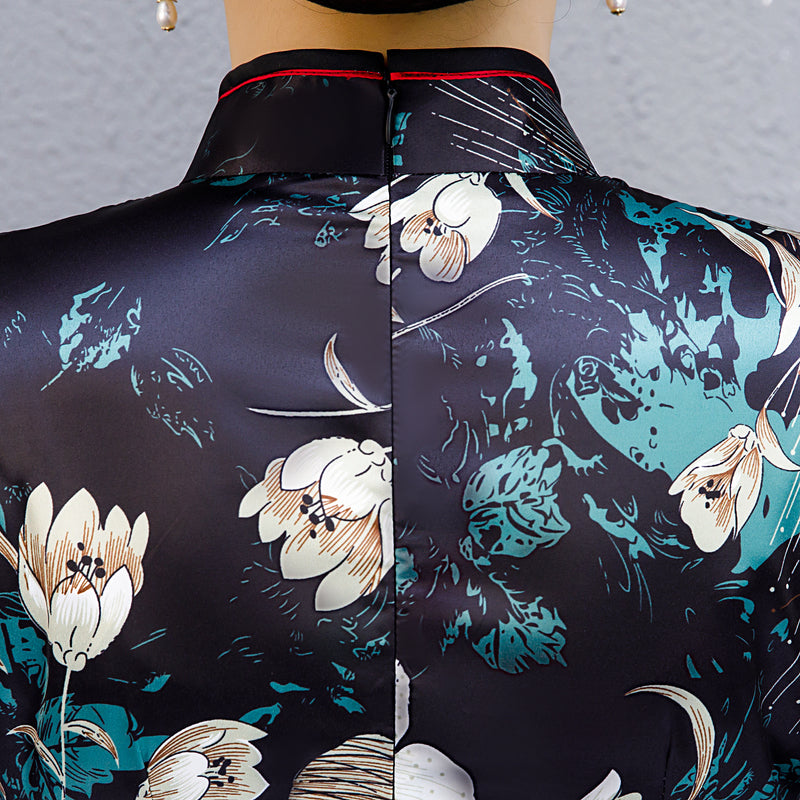 Black Purple Floral Qipao / Cheongsam Blouse Top