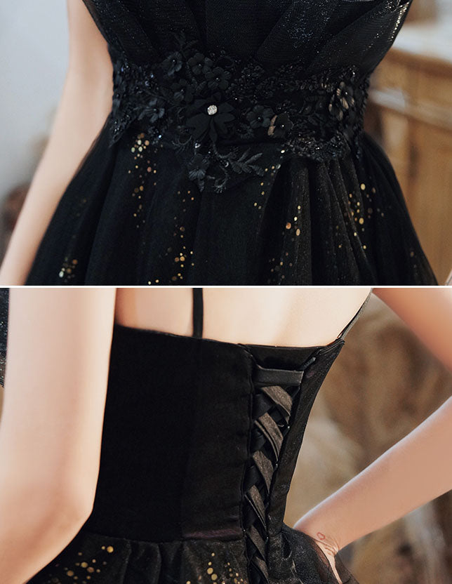 Shimmer Black Appliques Tulle Slip Midi Party Dress