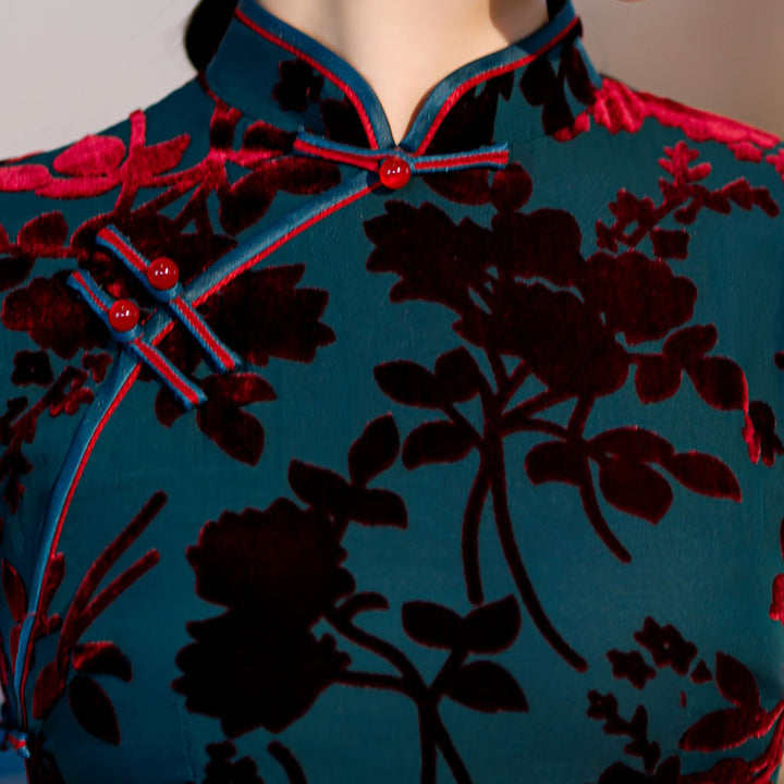 Green Floral Velvet Full Length Qi Pao Cheongsam Dress
