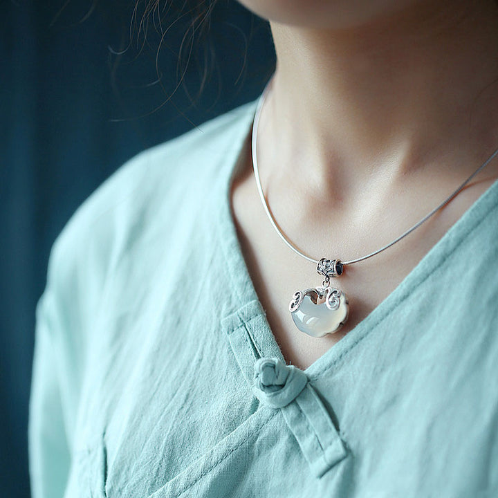 Silver Jade Longeval Lock Beads Pendant Necklace