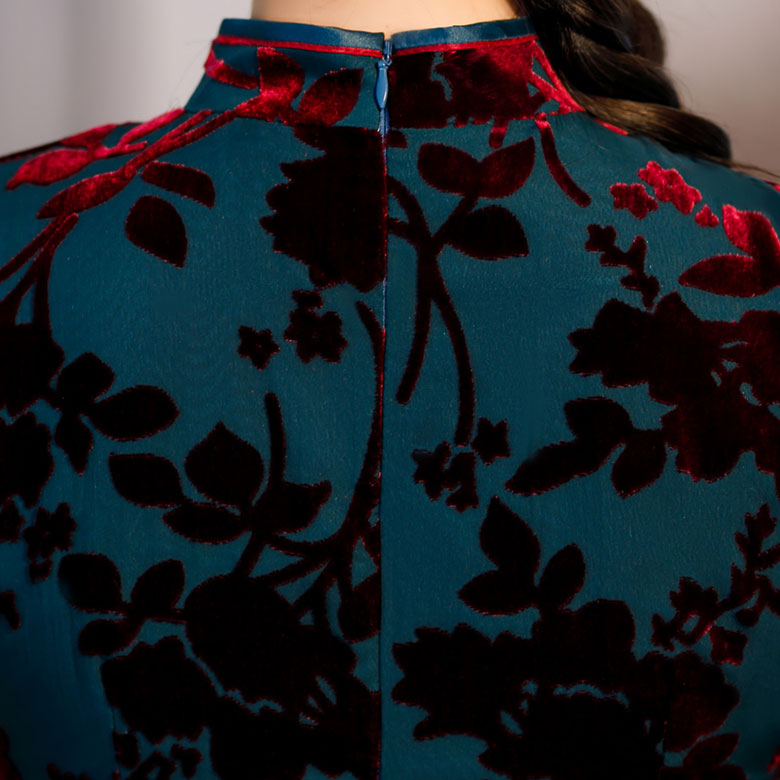 Green Floral Velvet Full Length Qi Pao Cheongsam Dress