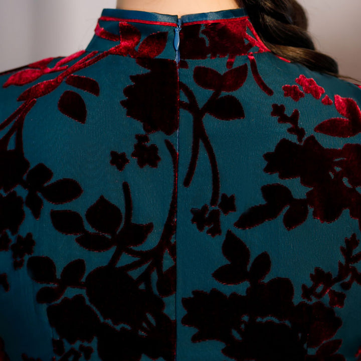 Green Floral Velvet Full Length Qi Pao Cheongsam Dress