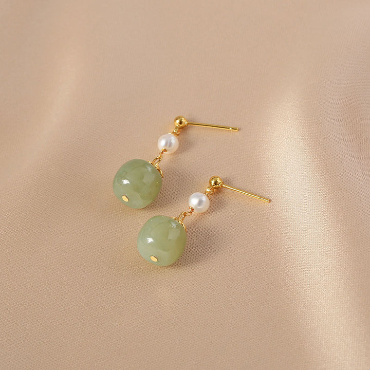 Green Jade Pearl Drop Dangle Earrings