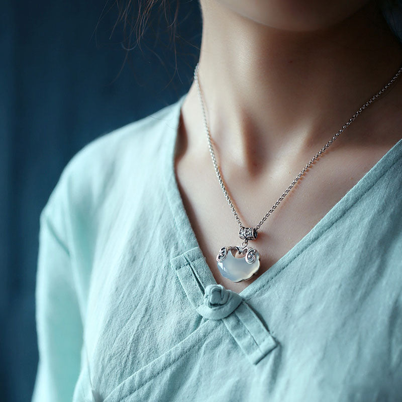 Silver Jade Longeval Lock Beads Pendant Necklace
