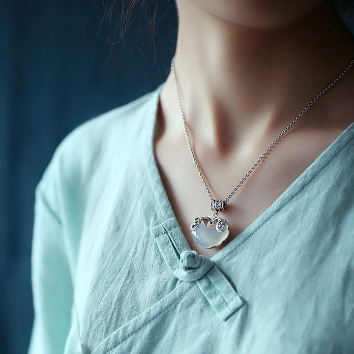 Silver Jade Longeval Lock Beads Pendant Necklace