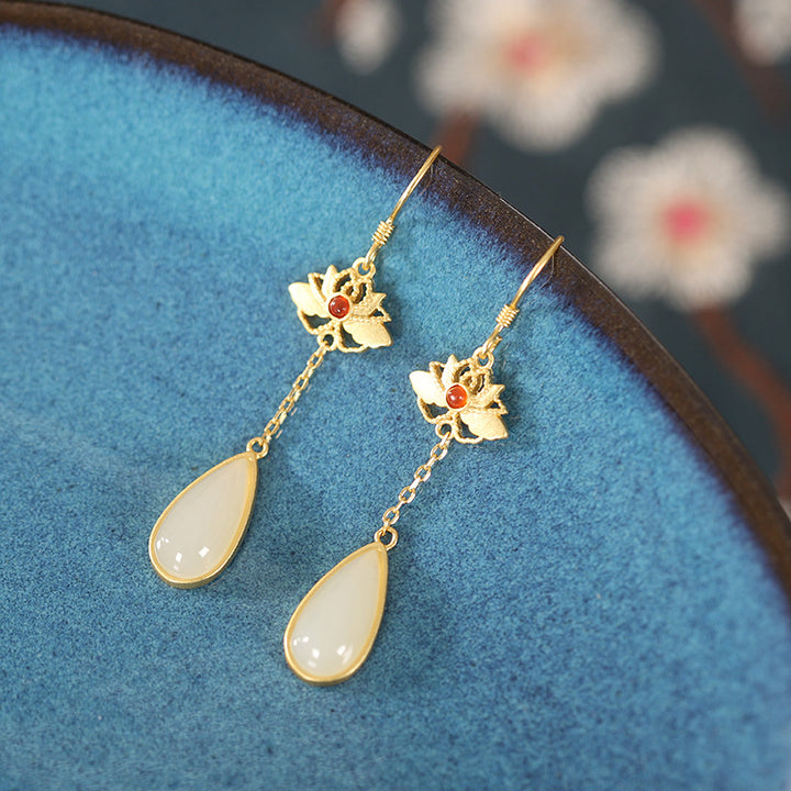 Gold Silver Lotus Jade Drop Dangle Earrings