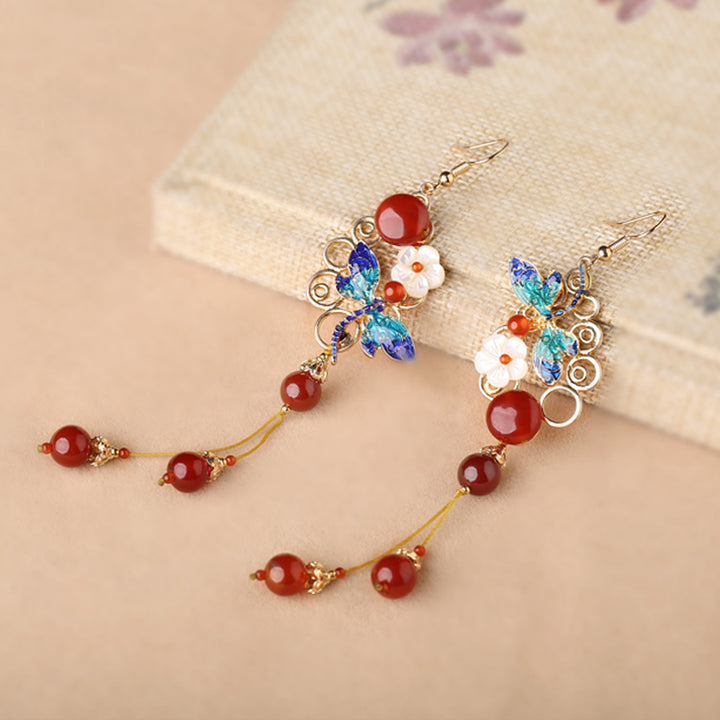 Vintage Red Agate Long Drop Dangle Earrings